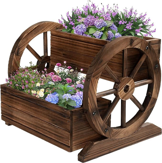 OIPRTGFJ Wooden Wagon Planter Box, Garden Planter with Wheels,Decorative Planter for Flowers Herbs Vegetables for Indoor & Outdoor Décor, Flower Cart for Patio Garden Balcony