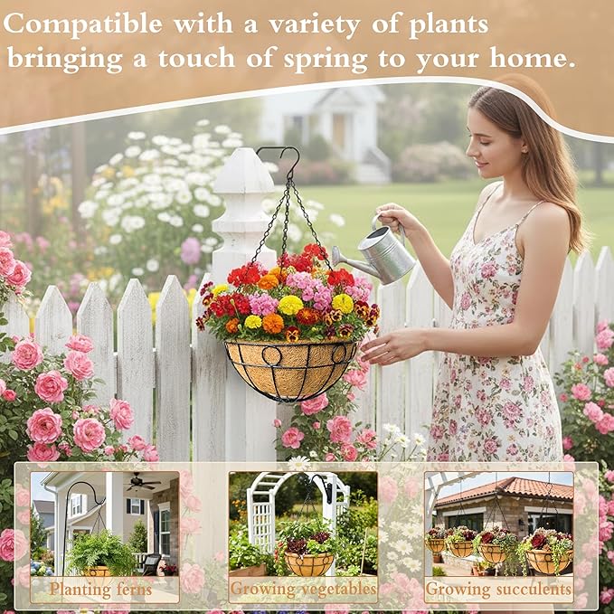 4 Pack 12" Round Metal Hanging Basket for Outdoor Plants Durable Large Hanging Planter with Coco Coir Round Plant Holders Planter for Outside Garden Decoration (Circular)