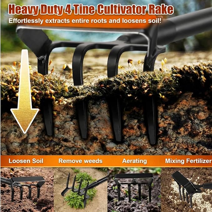 Garden Hoe with Cultivator Rake - Heavy Duty Stirrup Hoe Gardening Tool,Sharp Blade,82 Inch Adjustable Long Handle,Weed Grub Hoes for Fast Weeding,Grass Weeder Remover,Cultivating