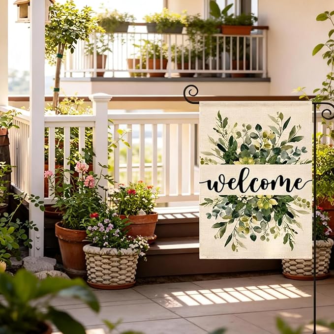 Garden Flag 12x18 Inch Double Sided for Outdoor Use Spring Summer floral welcome sign with eucalyptus design, ideal spring decorations for home, seasonal farmhouse yard flag for outside patio and garden