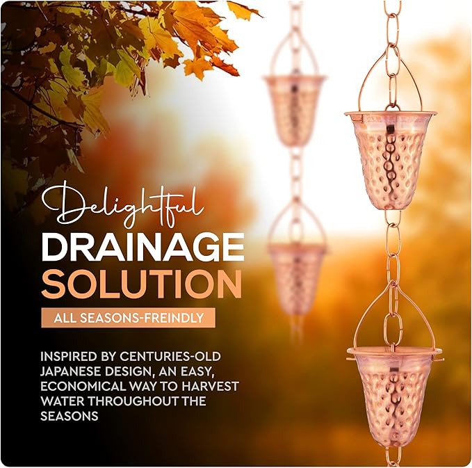 Copper Hammered Rain Chain – Decorative Chimes & Cups Replace Gutter Downspout & Divert Water Away from Home for Stunning Fountain Display – 3’ Long for Universal Fit – Bell Style