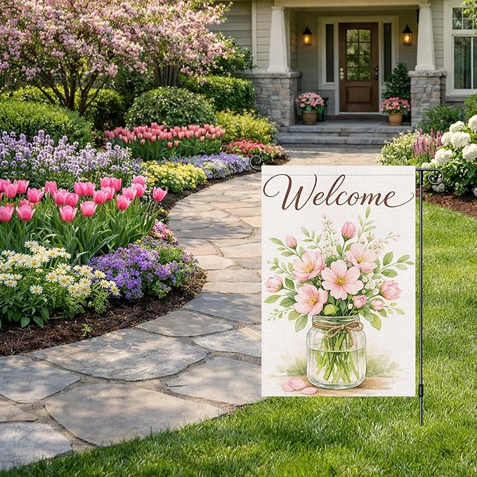 Heyfibro Spring Garden Flag 12x18 Inch Double Sided Welcome Florals Blossom Jar Garden Flag Small Yard Flags for Outside House Farmhouse Seasonal Spring Outdoor Decorations