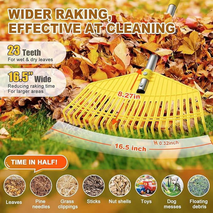 Leaf Rake - 16.5" Wide Nylon Plastic Head,51" Adjustable Stainless Steel Handle,Heavy Duty Gardening Leaves Rake Tools for Garden Lawns,Yard,Shrub,Grass - Lightweight for Women,Seniors & Kids