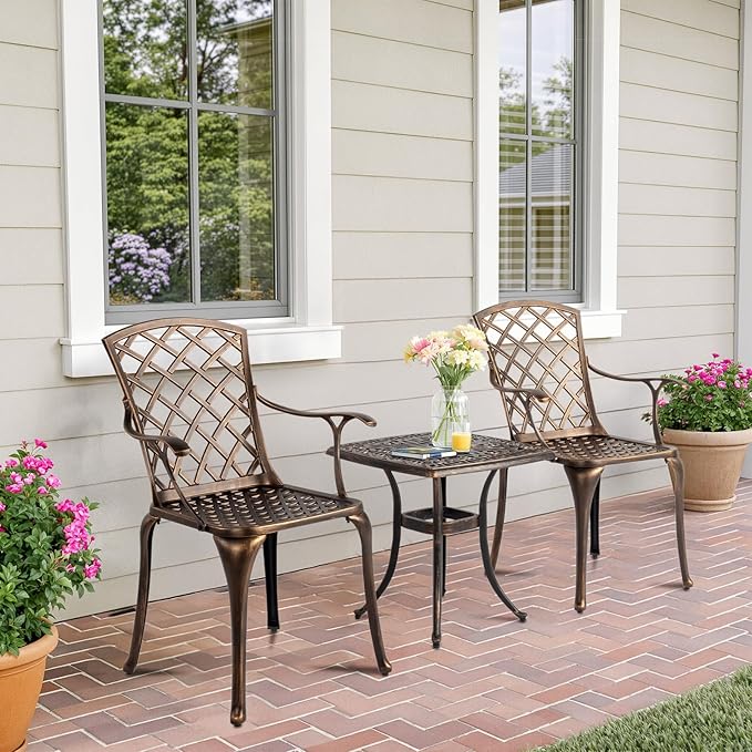 VINGLI Outdoor Dining Chairs Set of 4 Aluminum Patio Chairs, Cast Aluminum Patio Furniture Aluminum Outdoor Chairs for Backyard, Poolside, Balcony Bronze (4, Grid Back Without Cushion)