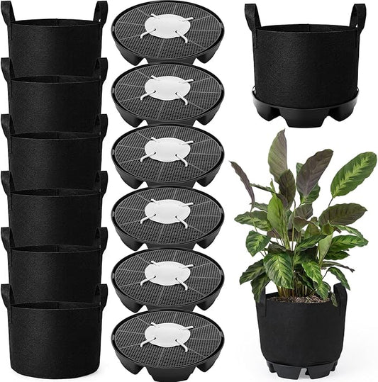 Jingmore 6 Set Self Watering Fabric Pot Base 5 Gallon Plant Nonwoven Grow Bags Automatic Watering System Plant Saucer Elevated Flower Trays with Handles for Fruits Vegetables Flowers Grow(Black)