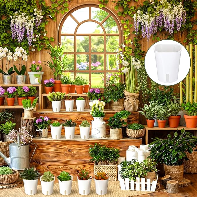 18 Pcs Self Watering Pots 3 Sizes Plastic Self Watering Planters Small Flower Plant Pot with Inner White Pot for Indoor House Plants, Flower (3", 4", 5")