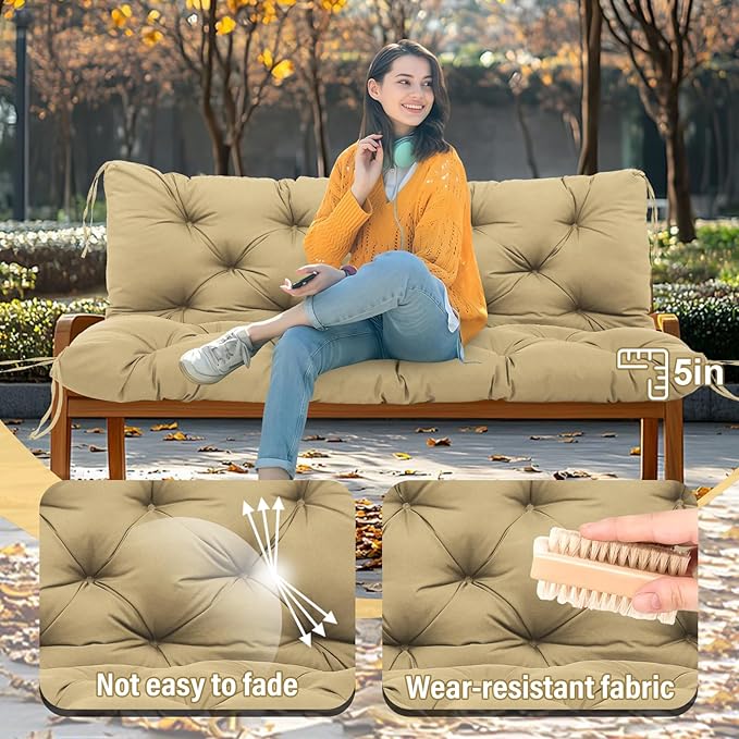 Premium 5" Thick Waterproof Outdoor Swing Cushions 3 Seater Sturdy Durable Porch Cushions 58 inch with Backrest&Ties Swing Cushions for Outdoor Furniture Backyard (Khaki, 58x40x5inches)