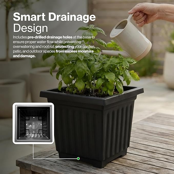 12 Inch Venetian Square Plant Pots with Drainage Holes, Lightweight UV-Resistant Plastic Outdoor Planters, 2-Pack Flower Pots for Patio & Garden Decor, Black