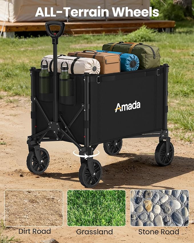 Wagons Carts Foldable, Collapsible Wagon Cart with 220 lbs Max Load and Expandable Storage Space, Heavy-Duty Foldable Wagon Cart with Wheels for Groceries, Shopping, Sport, Beach, Garden and Camping