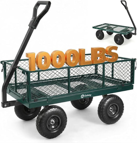 Sekey 1000lbs Heavy Duty Steel Garden Cart for Yard & Farm, Utility Wagon with Removable Sides (Convert to Flatbed), 10" Rubber Tires, Green