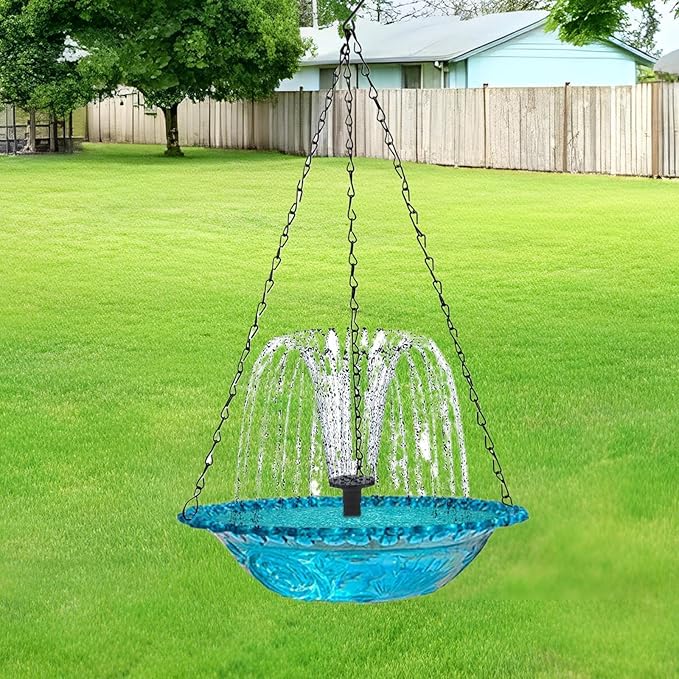 2026 New Solar Cascade Hanging Bird Bath Fountain, Metal Solar Powered Birdbath with Water Pump for Outdoor Garden Decor, Humming Birds Baths Fountains (Blue)