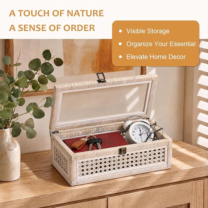 Hipiwe Rattan Display Box with Clear Lid Decorative Storage Basket, Medium | Shelf Organizer Basket Bins with Glass Top Lid for Home Decor, Ideal for Dresser, Kitchen and Bathroom, 12.6" x 6.7" x 4.4"