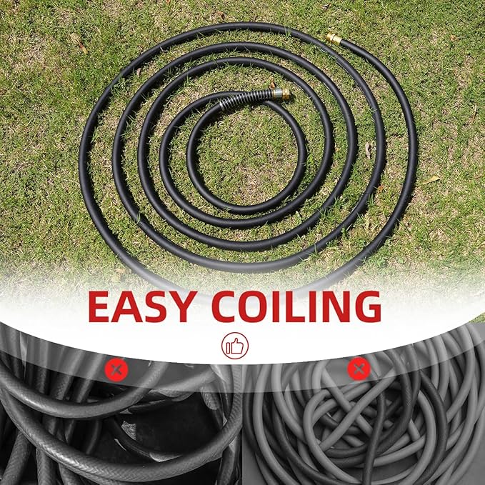 Wiseflow Garden Hose 100FT x 5/8", Heavy Duty Rubber Hose, Water Hose with Five Layered Braiding, Male Female Fittings, 1000PSI Burst, 300PSI Working for Yard, Car Wash, Pets (Black)