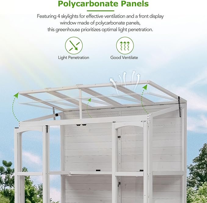 RUNNA 78-inch Wooden Greenhouse Cold Frame with 4 Independent Skylights and 2 Folding Middle Shelves, Walk-in Outdoor Greenhouse for Outdoor Indoor Garden Use (White#017)