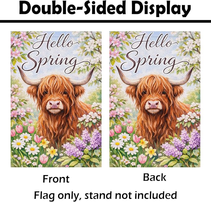 Heyfibro Hello Spring Highland Cow Garden Flag 12x18 Inch Double Sided Floral Farmhouse Yard Flag for Outside House Porch Seasonal Spring Outdoor Decorations