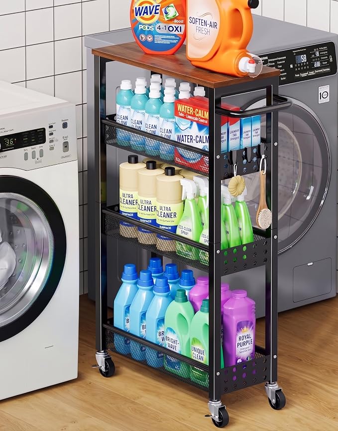 Laundry Room Slim Rolling Cart with Wheels for Between Washer and Dryer Gap | Utility Slim Storage Cart with Table Top, Small Laundry Organizers and Storage Shelves, Thin Shelf for Narrow Spaces, 4 Tier