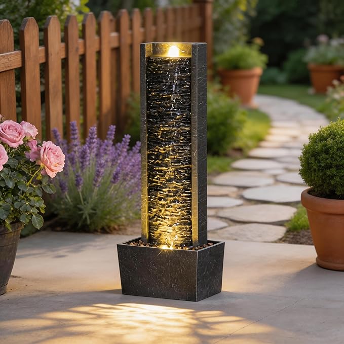Outdoor Floor Standing Water Fountain with LED Lights, 36-Inch Modern Rectangular Cascading Waterfall Feature for Garden, Patio, Backyard, Deck & Home Decor, Durable Resin Stone-Look Finish