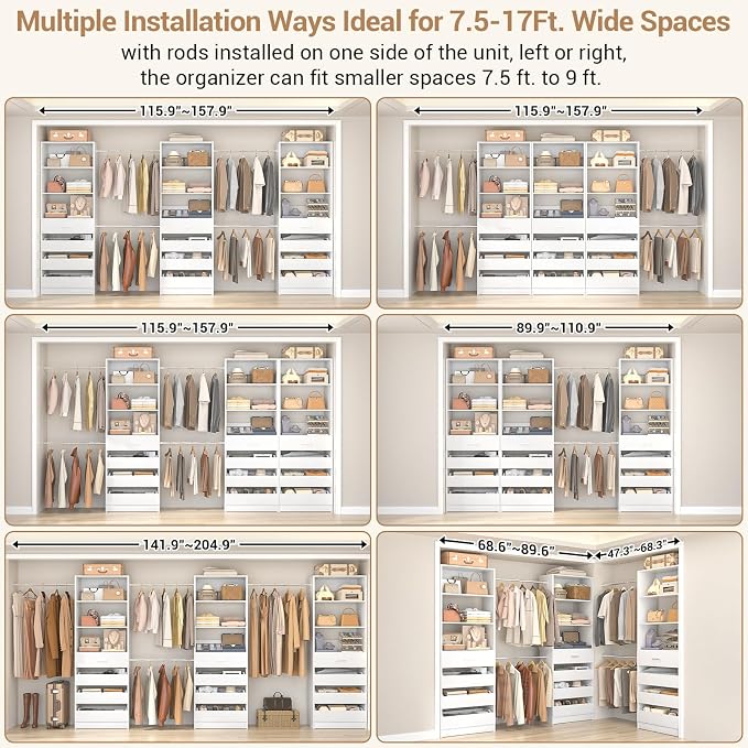 Aheaplus Closet System with 12 Drawers, 8.5-11.5Ft Wood Closet Organizer