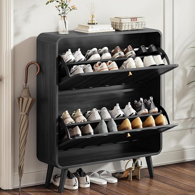 Decofy Shoe Cabinet with 2 Flip Drawers, Expanded Panel for Long Footwear, Freestanding Shoe Storage Cabinet with 3-Gear Adjustable Shelves, Narrow Shoe Cabinets for Entryway, Solid Wood Legs, Balck