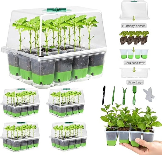 5-Pack Flexible Germination Trays,Reusable 60Cell Seed Starter Trays With Humidity Dome & Lids , Flexible Pop-Out Design, BPA-Free Silicone Seedling Kit & Dishwasher Safe for Herbs/Vegetables/Flowers