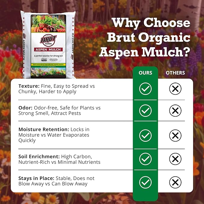 Brut Organic Aspen Mulch 1 CU FT – Natural Moisture Retainer & Root Protector – Odor-Free, Nutrient-Rich Bark Mulch for Landscaping, Garden Beds & Potted Plants