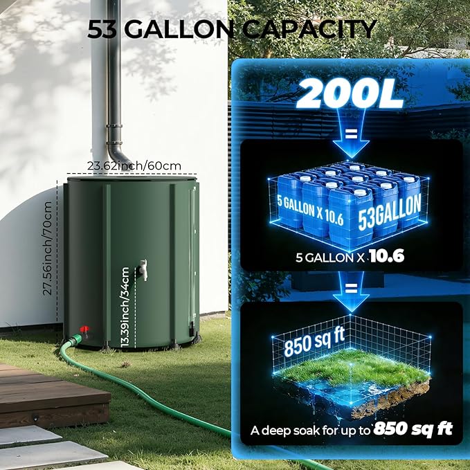 SKM Collapsible Rain Barrel, PVC Rain Water Collection System and Water Tank for Outdoor/Garden/Lawn, Portable Rain Water Collection Barrel Container with Spigots & Overflow Kit, 53Gallon, Green