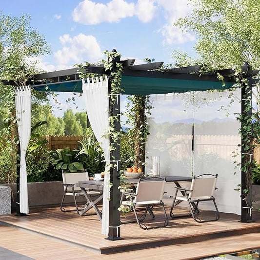 GarveeTech 10x10 ft Pergola Gazebo with Adjustable Canopy, Heavy-Duty Aluminum Sun Shelter with Faux Wood Finish for Outdoor Patio, Deck & Garden, Blue+White