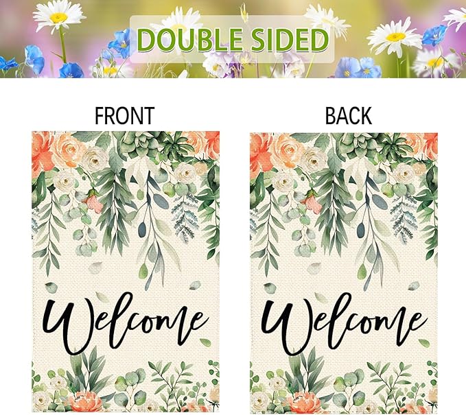 Summer Spring Eucalyptus Flowers Garden Flag 28 x 40 Inch Double Sided, Floral Farmhouse Burlap Large Yard House Flag Seasonal Holiday Outdoor Outside Decoration