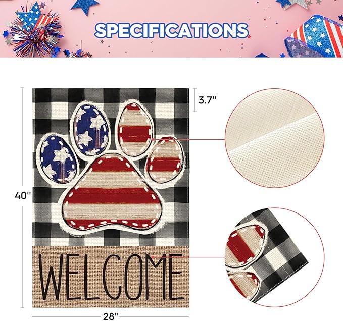 AVOIN colorlife American Flag Paw Print Patriotic 4th of July House Flag 28x40 Inch Double Sided Outside, Welcome Buffalo Plaid Yard Outdoor Decoration