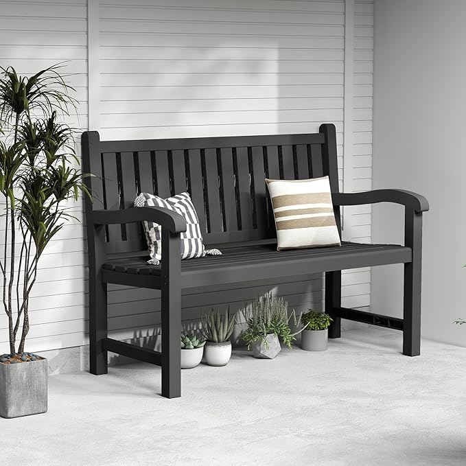 PatioZen Outdoor Bench, Waterproof & Weatherproof Garden Bench with Ergonomic Design, 2-Person Resin Bench for Porch, Deck, Patio, Outdoor, Garden & Park(Black)