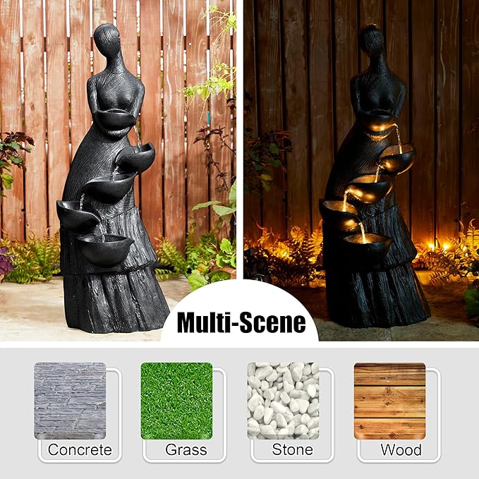 Glitzhome 5 Tier Modern Women Sculpture Outdoor Water Fountain, Indoor Outdoor Woman Statue Waterfall Fountain with LED Lights for Porch Deck Garden Patio Backyard, 39.75" H