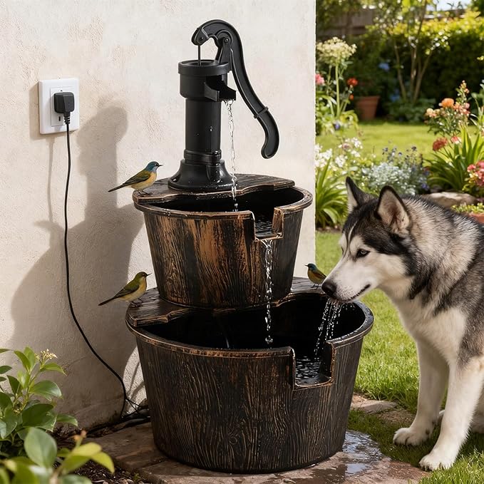 2-Tier Barrel Waterfall Fountain,27-Inch Plastic Outdoor Water Feature with Pump for Garden,Patio and Backyard