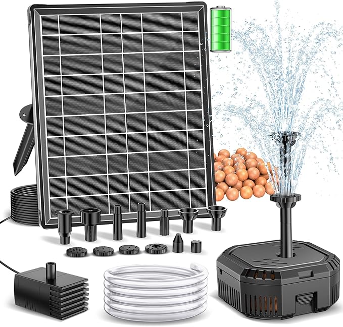 Antfraer 7W Solar Fountain Pump with 3600mAh Battery Backup & Pond Filter, Solar Water Fountain Pump with 8 Nozzles & PVC Tubing, Solar Fountain for Bird Bath, Small Ponds, Waterfall, Hydroponics