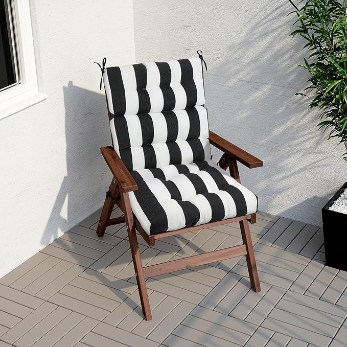 Magpie Fabrics Indoor Outdoor Tufted High Back Chair Cushion Set of 2, Waterproof All-Weather Deep Seating Rocking Chair Patio Chaise Lounge Sun Lounger Chair Cushions (Black White)
