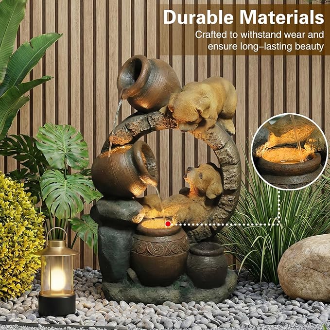 Sunlinua 29" H Dog Outdoor Water Fountain, Decorative Resin Water Fountain with LED Lights, Garden Puppy Waterfall Fountains Indoor and Outdoor for Patio, Porch, Courtyard, Home Decor