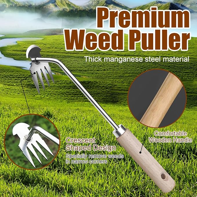 Dizzily Weeder - Manual Weed Puller Tool, Uprooting Weeding Remover Tool, 4-Claw Steel Head Hand Garden Weeder Tool Easily Remove Weeds for Otted Plants, Gardens, Yards, Farms
