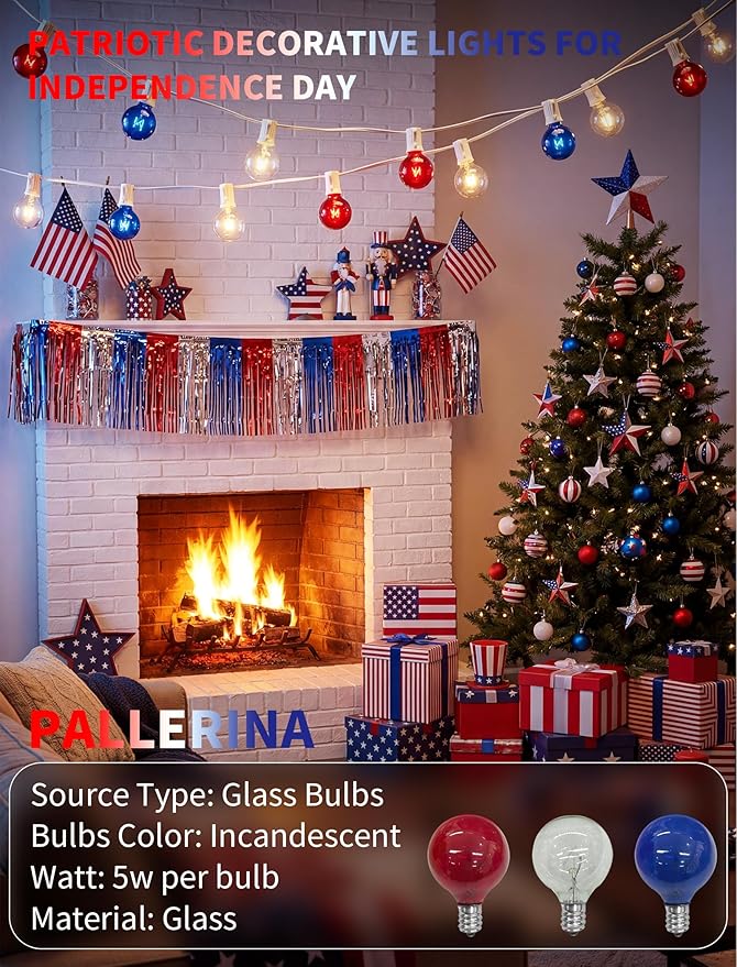 4th of July String Lights 25FT, 27 Incandescent G40 Red White Blue Bulbs (2 Spare), Waterproof Connectable Outdoor Patio Lights for Party Garden Decor