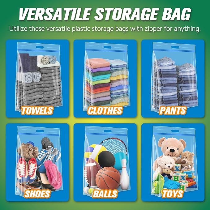 HIBAG 5 Gallon Large Storage Bags, 15” x 18” Resealable Clear Bags with Handle, Extra Large XL Heavy Duty for Clothes Pillow Travel Moving, Pack of 20