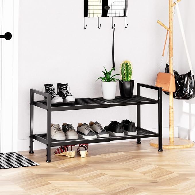 Expandable Shoe Rack for Closet, Entryway, 2-Tier Shoe Storage, Black