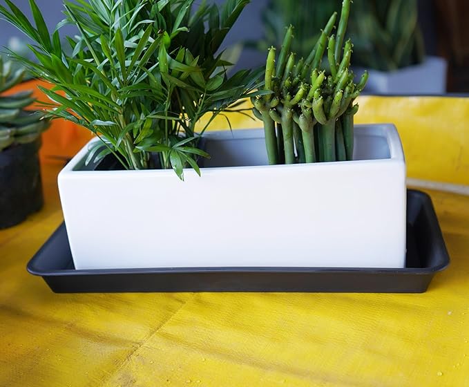 VUWEZ 4 Pack of Plastic Plant Tray Saucer Rectangular 17 18 inch, Planter Trays Saucers for Indoors Outdoor, Plant Water Drip Trays for Flower Pot Planter, Windowsill Plants Tray (7.8 X 17.5'', Black)