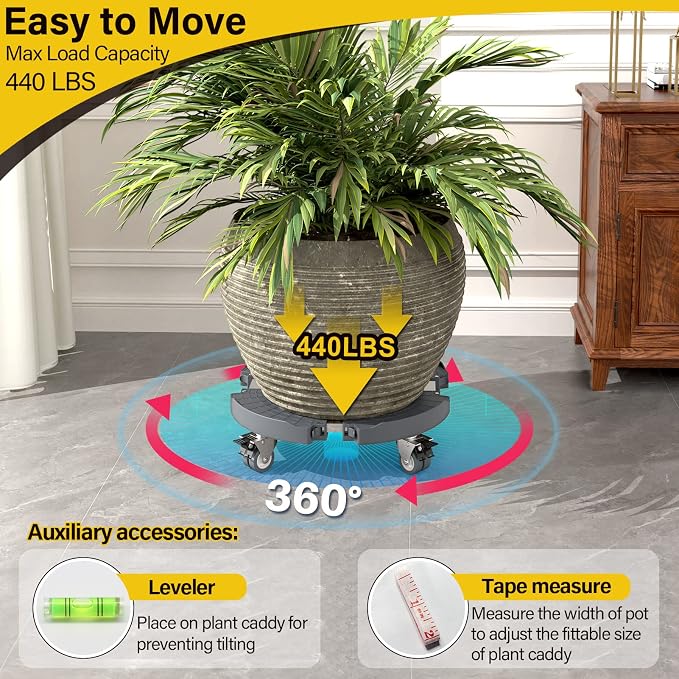 Goovilla Plant Stand with Wheels 440LBS Load,2Pack, Adjustable 15-22",Gray | Heavy Duty Plant Caddy with Lockable Caster Wheels, Rolling Stand/Dolly/Roller for Indoor Outdoor Large Planter, Flower Pot