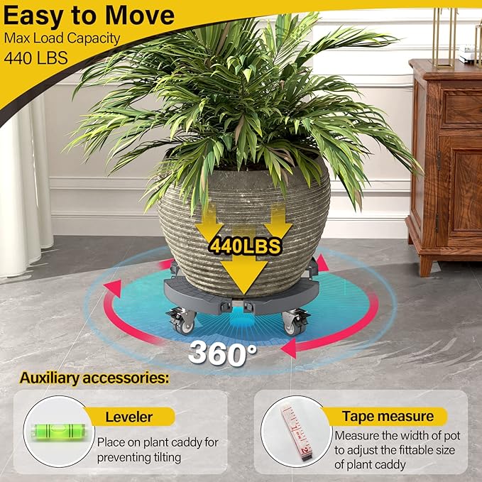 Goovilla Plant Stand with Wheels 440LBS Load,1Pack, Adjustable 15-22",Gray | Heavy Duty Plant Caddy with Lockable Caster Wheels, Rolling Stand/Dolly/Roller for Indoor Outdoor Large Planter, Flower Pot