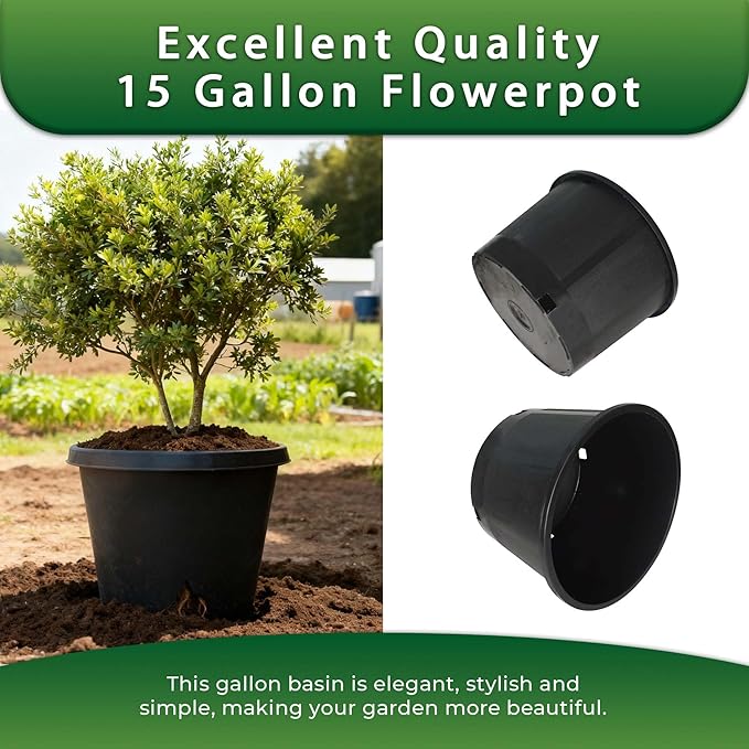 10 Pack 15 Gallon Short Black Nursery Pot Planter Grower Flower Pot Garden Seedling Planters Containers, Plastic Injection Molded Pots with Drainage Holes
