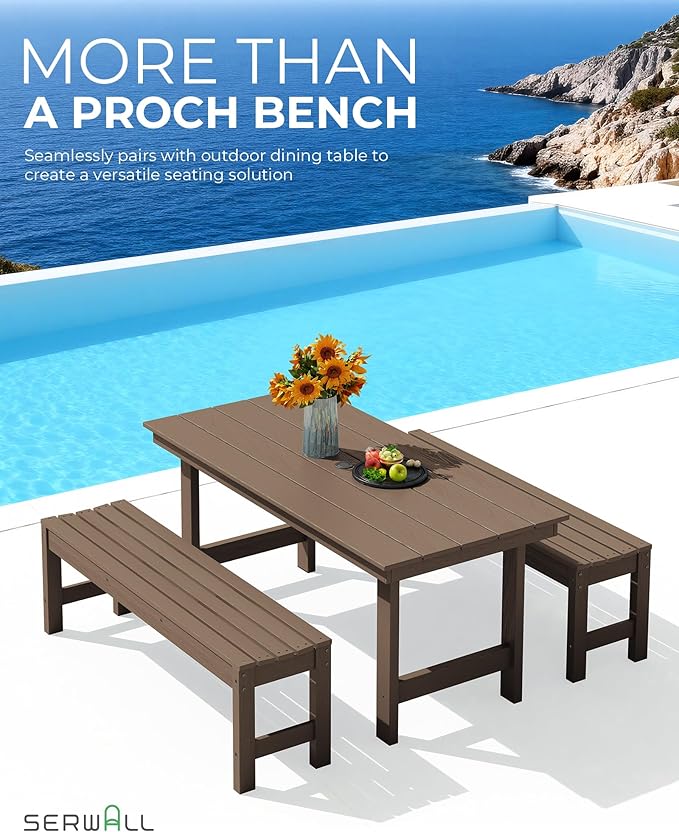 SERWALL 47 Inches Outdoor Bench, All Weather HDPE Backless Bench with Wood Grain Texture for Garden Porch and Park, Curved Bench Seat for Comfort, Coffee