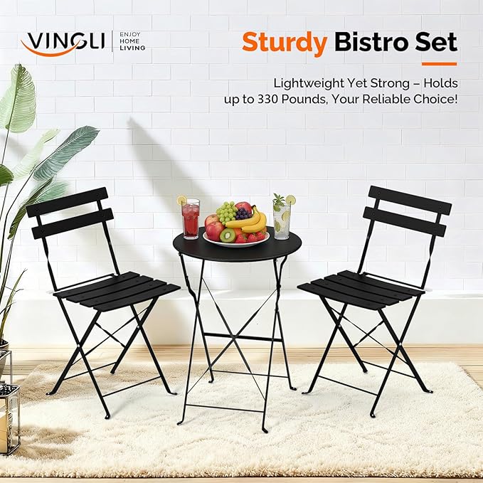 VINGLI Outdoor Folding Bistro Table and Chairs Set of 2, 3-Piece Bistro Set with Premium Steel Frame for Patio, Balcony, Garden, Porch, Yard, Black