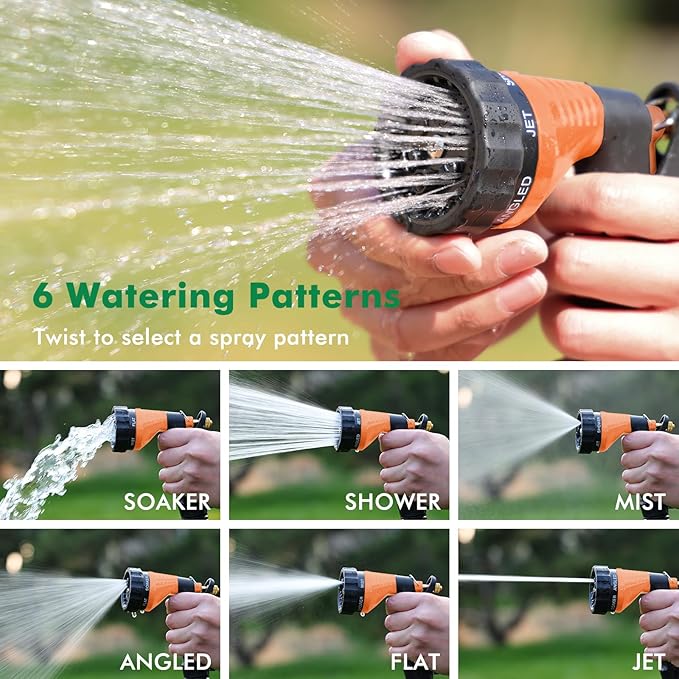 RESTMO Garden Hose Spray Nozzle, Water Hose Nozzle Heavy Duty, High Pressure Hand Sprayer with 6 Adjustable Watering Patterns, Slip Resistant for Watering Plants, Car Washing & Pet Showering, Orange