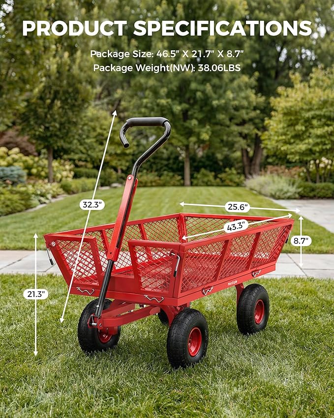 900 Lbs Heavy Duty Steel Garden Cart, Outdoor Metal Garden Wagon On Wheels, Utility Yard Cart with Mesh Removable Sides(Convert to Flatbed) and Removable Handle (to Wheel Barrow), Deep Red