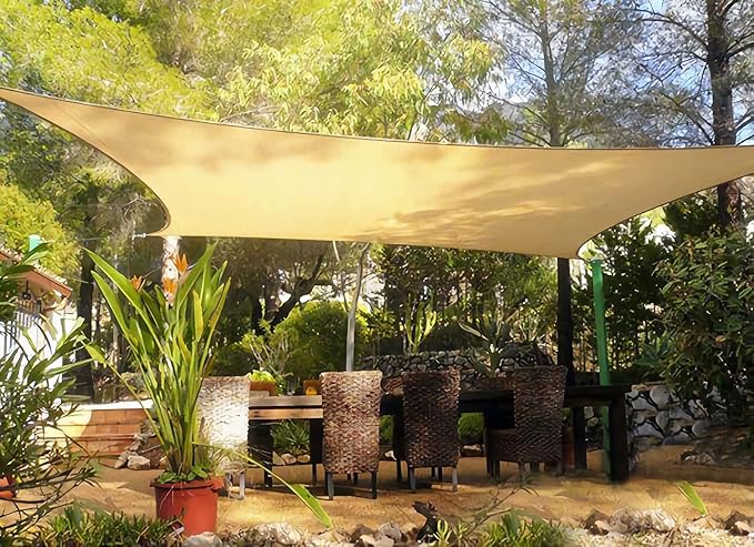 Sun Shade Sail Canopy, Patio Shade Cloth Outdoor Cover - Sunshade Fabric Awning Shelter for Pergola Backyard Garden Carport (Sand, 20' x 20' Rectangle)
