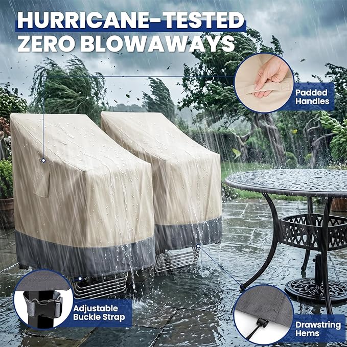 Extra Heavy Duty Stackable Patio Chair Covers Waterproof Up to 8000pa, 2 Pack Patio Furniture Covers for Outdoor Stackable Dining Chairs, Outdoor Seat Cover with Air Vents, 28"W x 36"D x 47"H