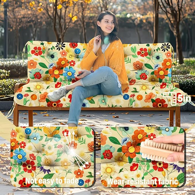 Premium 5" Thick Waterproof Outdoor Swing Cushions Sturdy Durable 2-3 Seat Replacement Porch Swing Cushions with Backrest&Ties Bench Cushion for Outdoor Furniture Backyard Patio (Flower03)